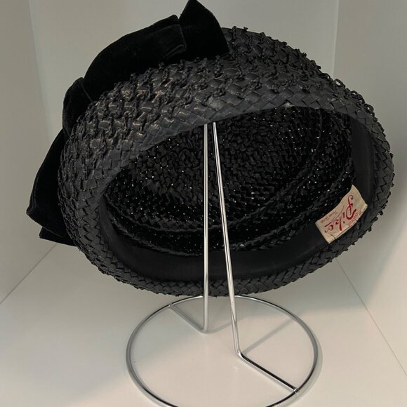Vintage Piko Montreal New York Black Woven Straw Hat With Velvet Bow Accent Wome - Picture 3 of 14